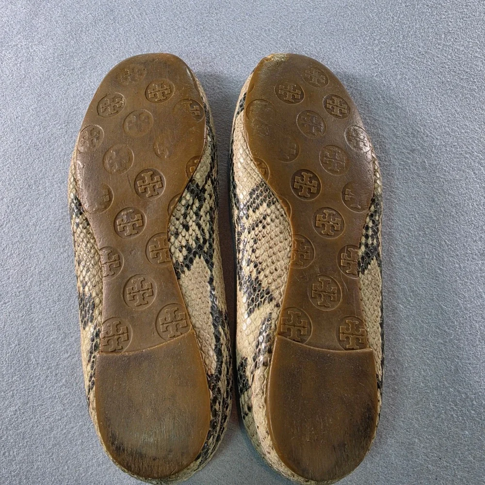 Tory Burch Reva Snakeskin Embossed Leather Ballet Flats Gold Logo Medallion